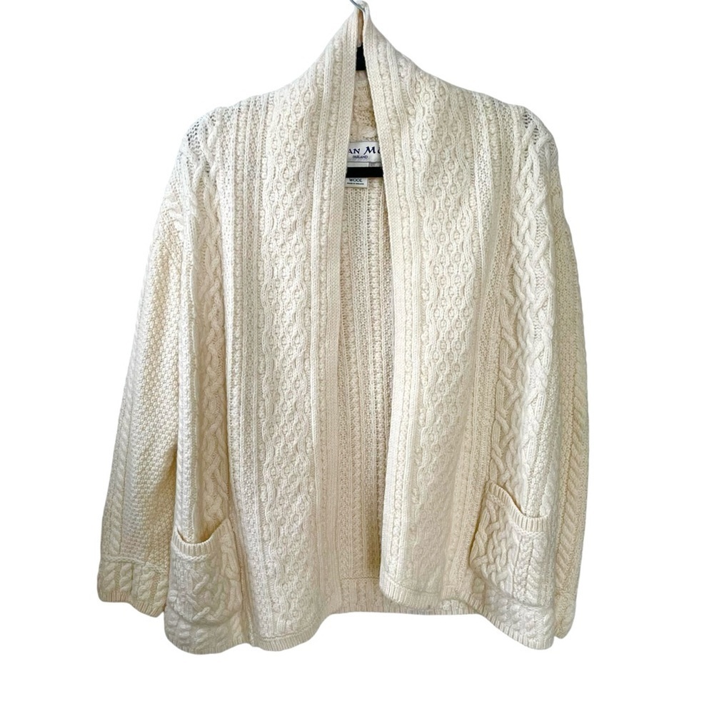 ARAN MOR Ireland Merino Wool Open Knit Cardigan Sweater Cream M